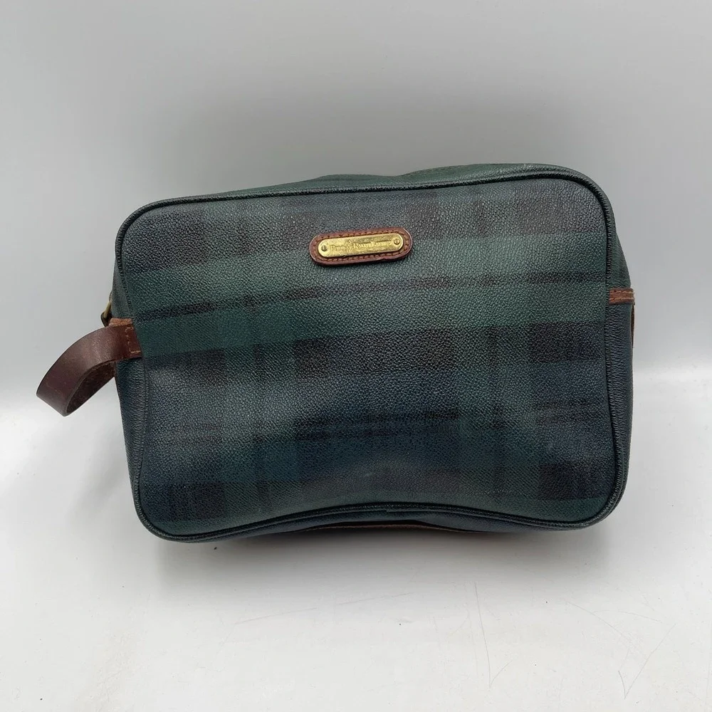 Polo Ralph Lauren Women's Handbag Green Black Plaid Leather Pocket Clutch Bag